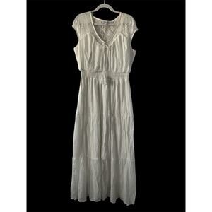 Luxology Gauze Smocked Waist Maxi Dress Size 1X White Tierred Cottagecore Lace